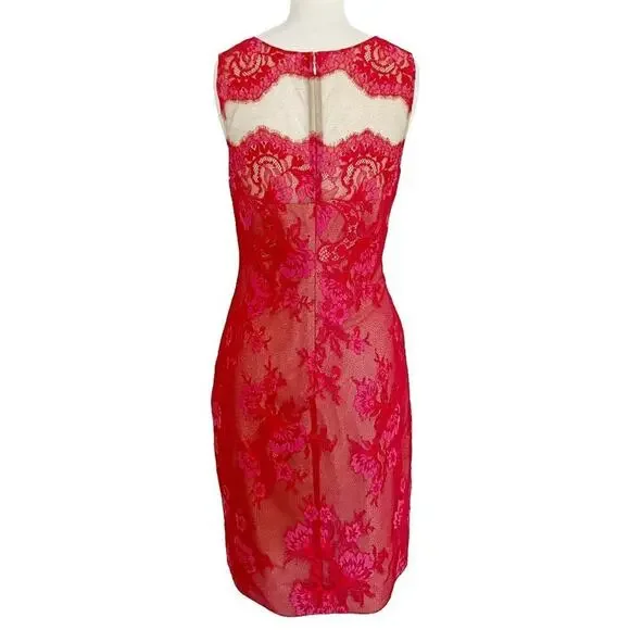 Marchesa Notte Red Lace Illusion Sheath Dress  Size 8 Dresses